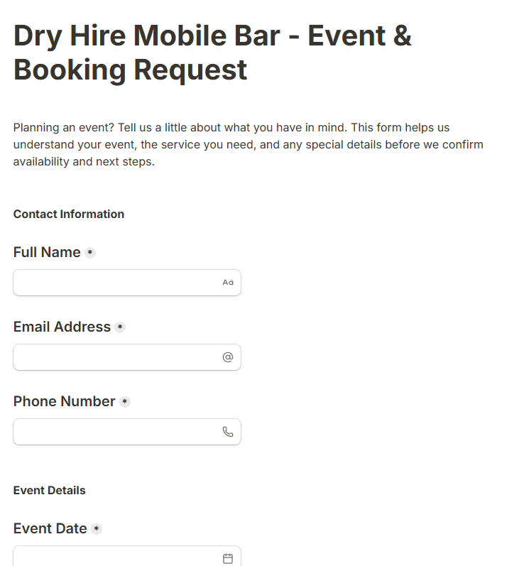Tally booking form showing fields for customer event information
