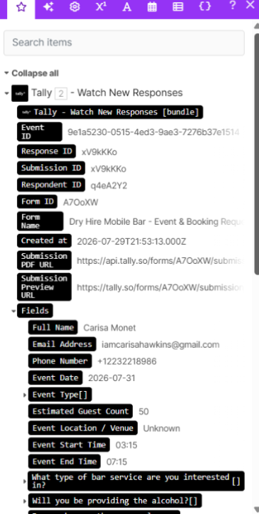 Tally new response entry showing structured customer and event details