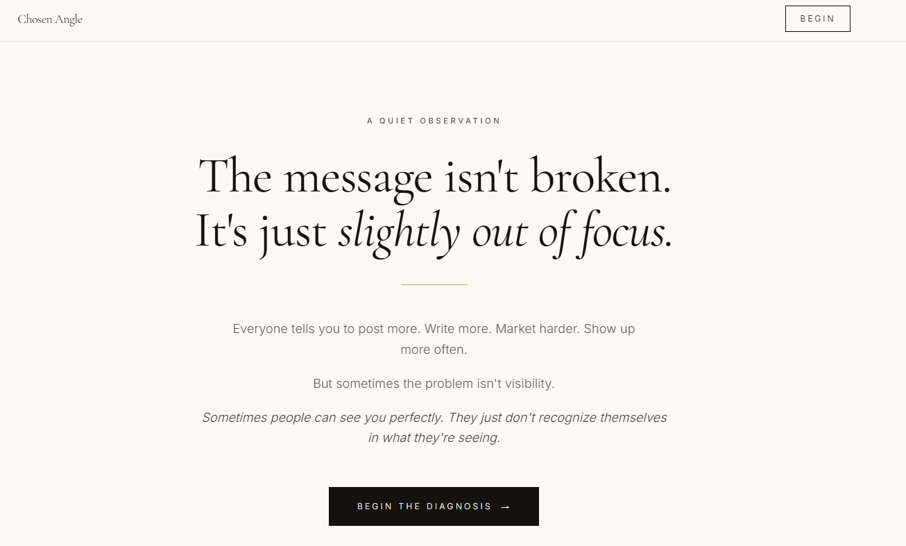 Chosen Angle homepage with the headline 'The message isn't broken. It's just slightly out of focus.'