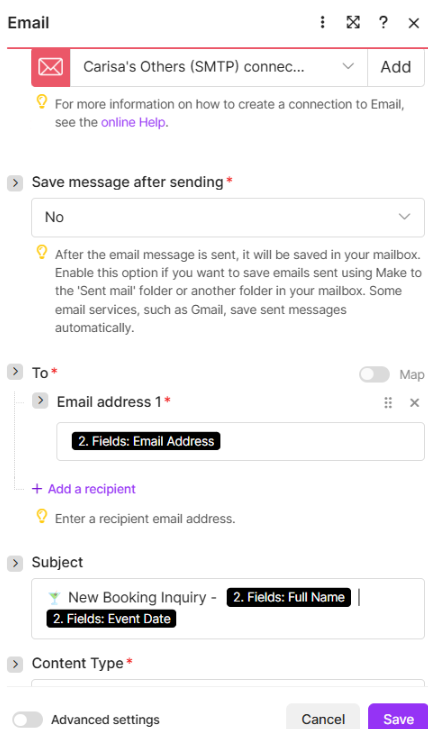 SMTP module configuration with dynamic field mapping for the notification email