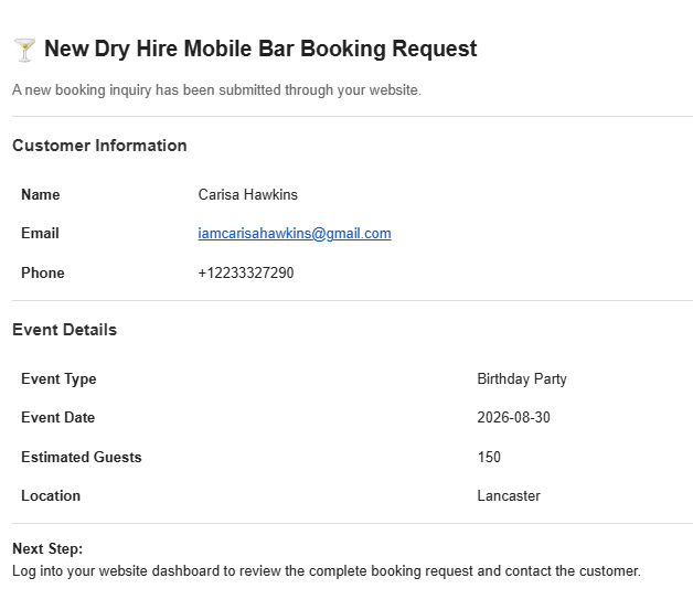 HTML booking notification email showing customer and event details