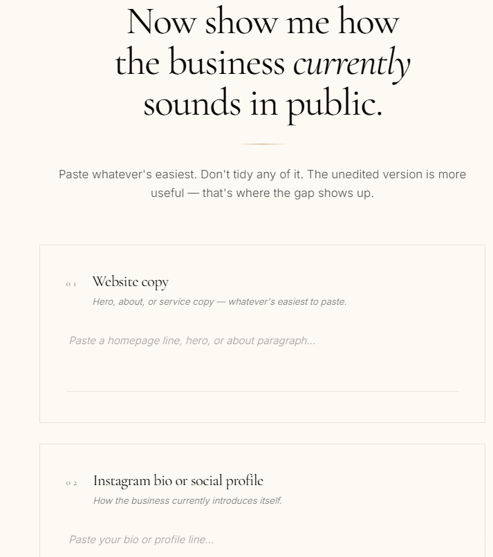 Business Content Collection screen asking how the business currently sounds in public